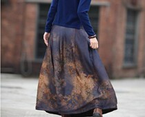 New authentic Shunde fragrant cloud yarn autumn and winter plus cotton spray painted color silk skirt lady half waist skirt Jade Blue Flower