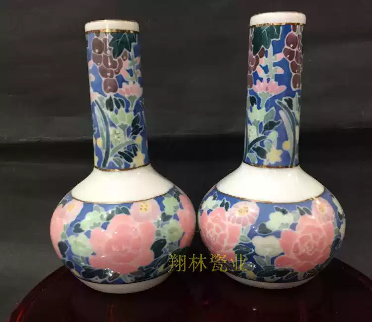 醴陵瓷器--群力瓷厂70年代末至80年代手绘蓝底满花花插--黑双凤款-淘宝