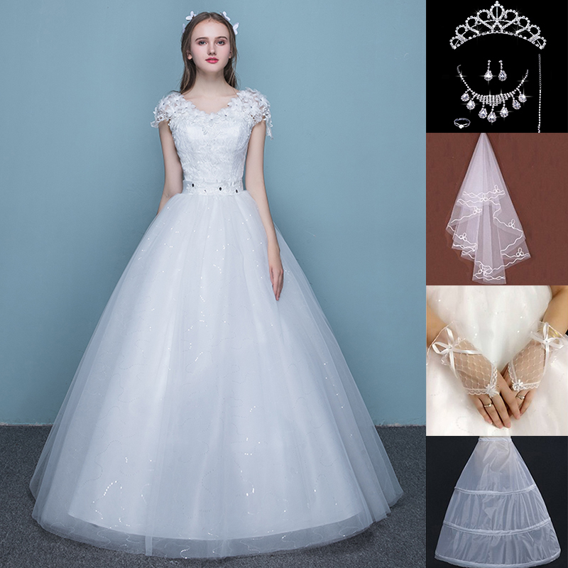 Váy cưới ren đôi vai cổ chữ V cho thấy mỏng chúa kéo chiếc váy đuôi đám cưới ren áo cưới cửa hàng váy trắng
