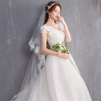 Korean style simple bridal yarn long tailed wedding dress with veil yarn soft yarn rice wedding dress short veil yarn naked yarn