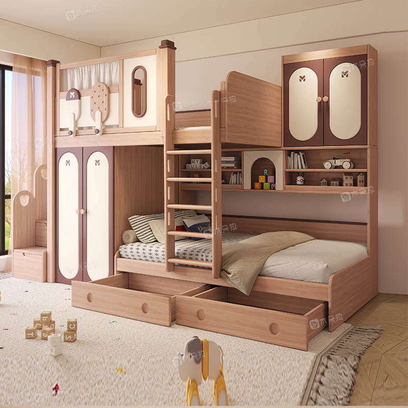 Misaligned Bunk Beds, Staggered Bunk Beds, Children's Beds, High and Low Beds, Multifunctional Combination Beds with Wardrobes, All Solid Wood