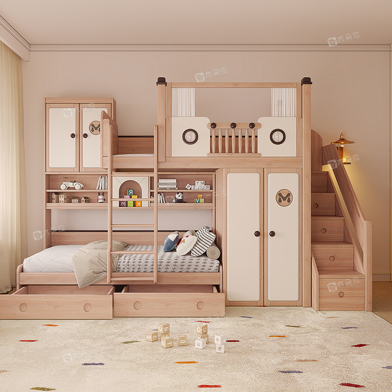 All Solid Wood Staggered Bunk Bed, Interlocking Bunk Bed, Children's Bed, High and Low Bed, Multifunctional Combination Bed with Wardrobe