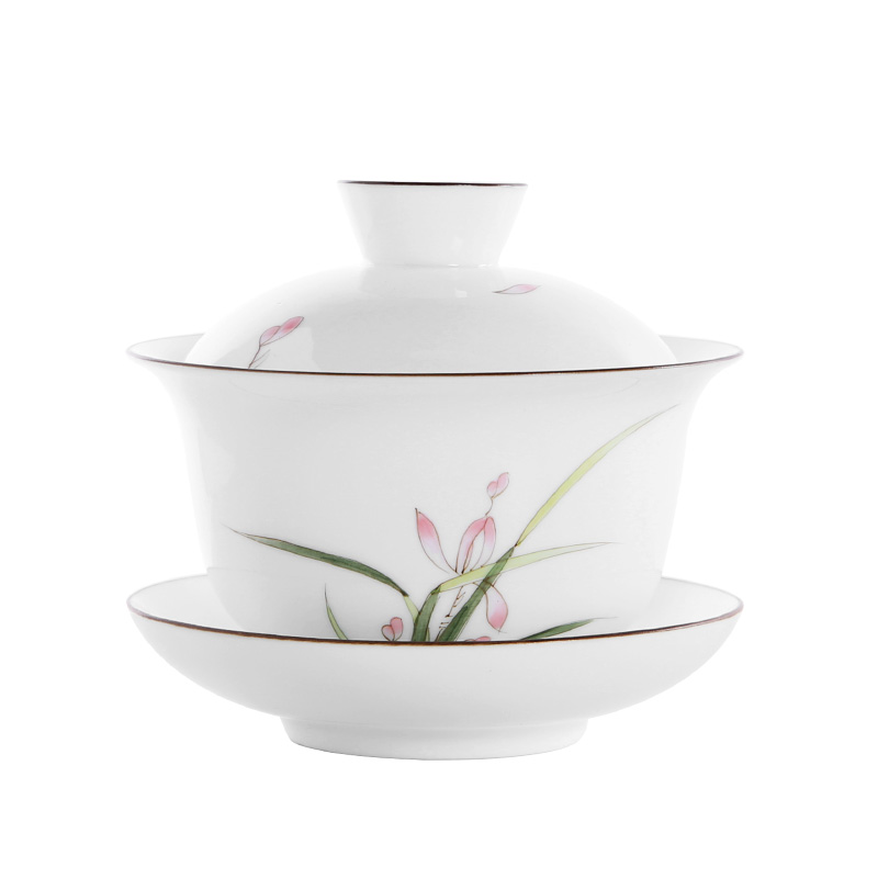 Dehua white porcelain three han just tureen hand - made ceramic household teapot size kung fu tea cups to use
