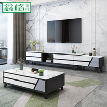 Glass steel stone tea table TV cabinet combination set modern simple small apartment Dali tea table telescopic solid wood floor cabinet