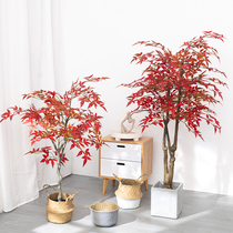 Simulation green planting fake red maple tree potted plant building scenery maple leaf decoration flower living room with large fake flowers
