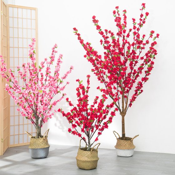 Simulated Peach Blossom Tree Indoor Living Room Decoration Large Potted Green Plant Artificial Flower Floor-Standing Cherry Blossom Plant Plastic Large Potted Plant