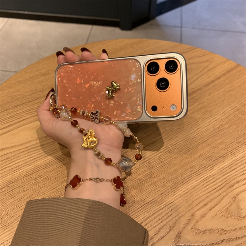 Suitable for Apple 17 Pro Max Phone Case, New 2026 Orange Shell Pattern with Gold Pony Design, iPhone 16 Pro Max Simple Full-Cover Anti-Drop Case, 14 High-End Feel with Lanyard, 13 Creative Protective Case