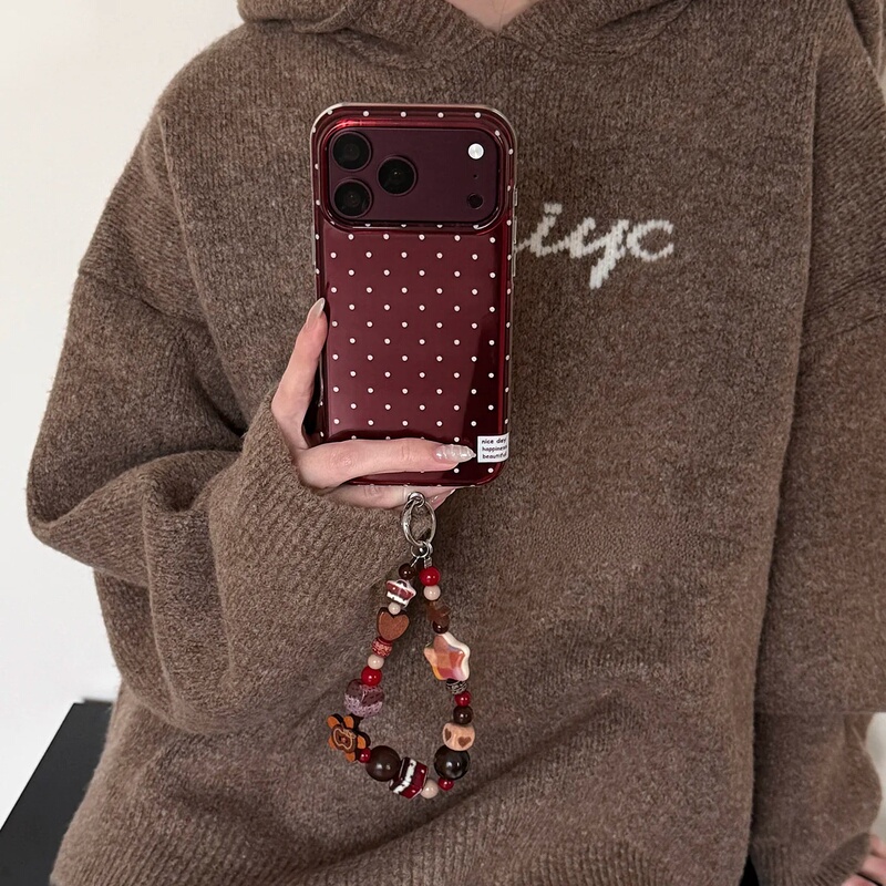 Suitable for Apple 18 Pro Max Phone Case, New 2026 Deep Cherry Wine Red Polka Dot iPhone 17 Pro Max, Very Beautiful, ins Style, 16 Pro Full Coverage, 15 High-End Feel with Lanyard, 18 Protective Case