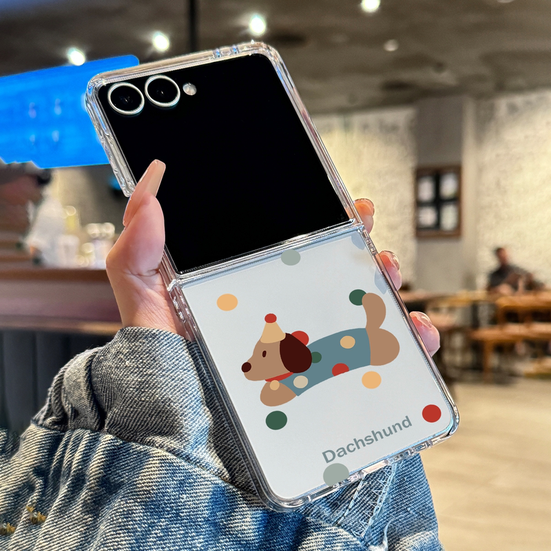 Suitable for Samsung Galaxy Zflip8 Mobile Phone Case, New 2026 Polka Dot Cute Dachshund Zflip7 Ultra-Thin Transparent Foldable Screen Zflip6 Full-Cover High-End Feel Flip8 Super Stylish Case