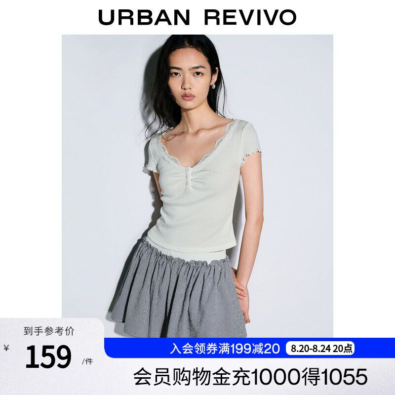 Ur2026 Autumn New Women's Casual Textured Lace Trim Button Decorated Short Sleeve T-Shirt Uyl460181 Ur2026 Autumn New Women's Casual Textured Lace Trim Button Decorated Short Sleeve T-Shirt Uyl460181