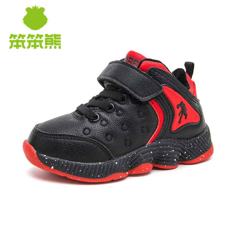 笨笨熊童鞋男童运动鞋2019新款小童男孩皮面冬季加绒加厚儿童鞋子