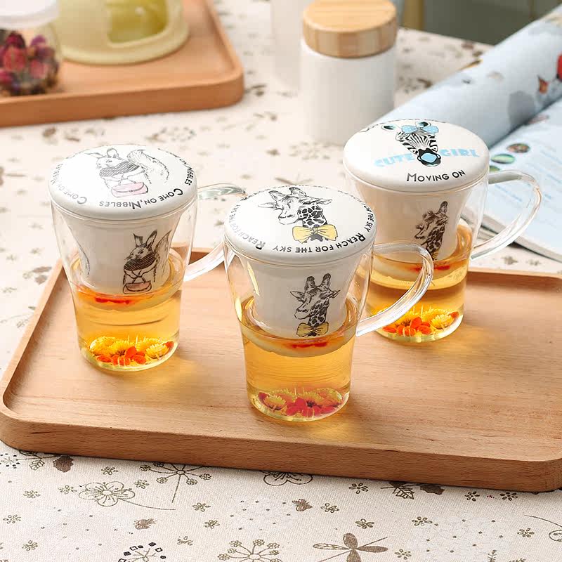 Flower Tea Cup Practical Office Single Tea Cup Cartoon Animal Glass Breakthrough Tea Cup Ceramic Tea Separation Cup
