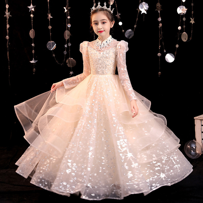 Children's Plus-Size Dress, High-End New Model for Chubby Girls, Host Piano Performance Long-Sleeve Princess Dress, Birthday Evening Dress