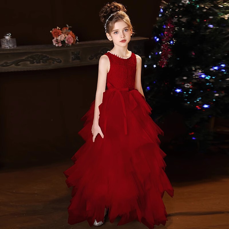 Girls' High-End Princess Dress, Red Birthday Flower Girl Dress, Student Host Piano and Violin Performance Dress