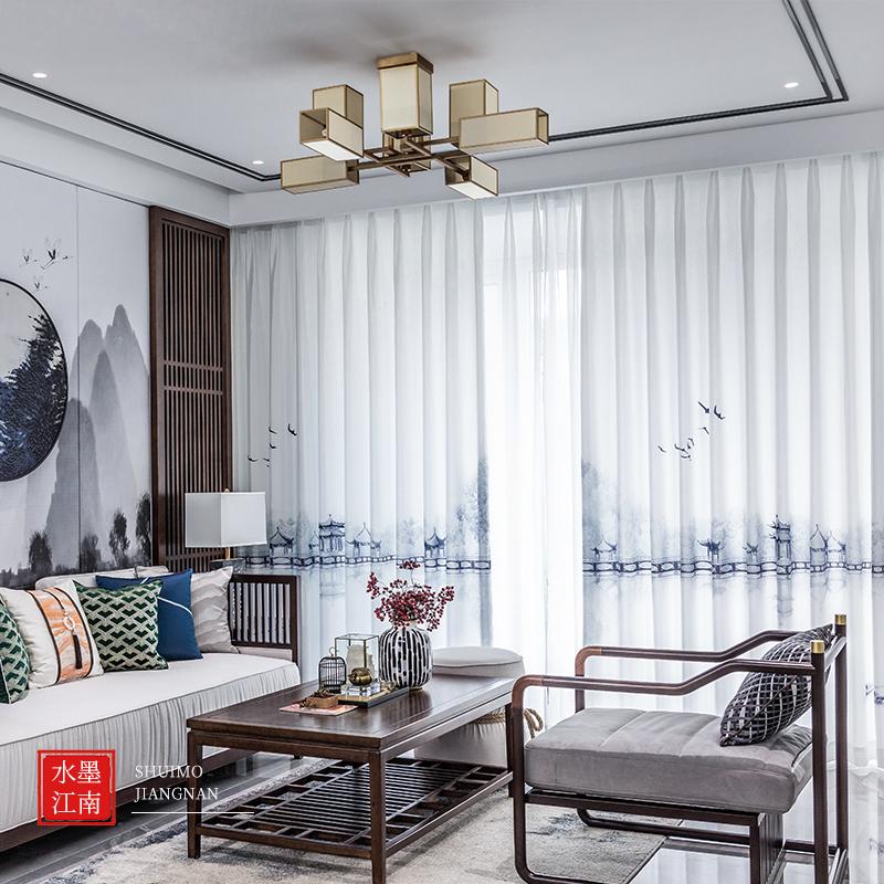 Curtain 2021 New Jiangnan landscape Chinese style gauze ink living room study transparent chiffon curtain
