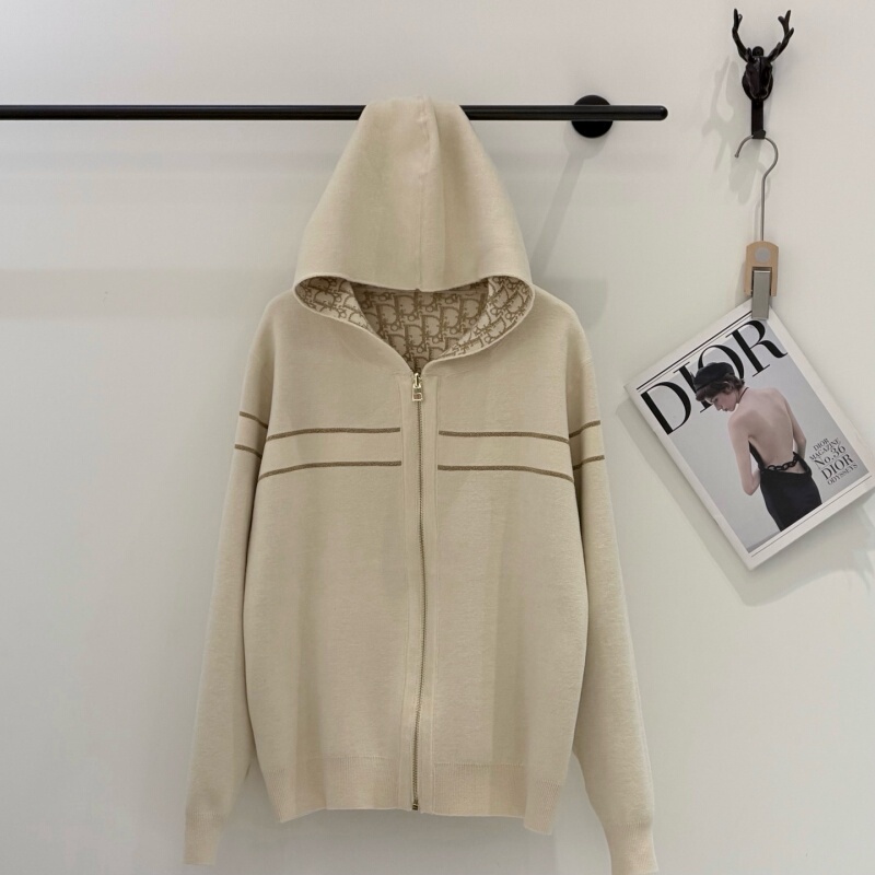 Light Luxury Style All-Over Letter Jacquard Hooded Cashmere Cardigan for Women, Autumn Spliced Loose Zipper Casual Hoodie Jacket