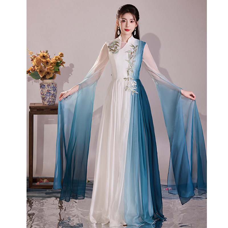 Guzheng Performance Costume for Adults, Chinese Style Poetry Recitation Conductor Costume, Elegant Choir Performance Attire