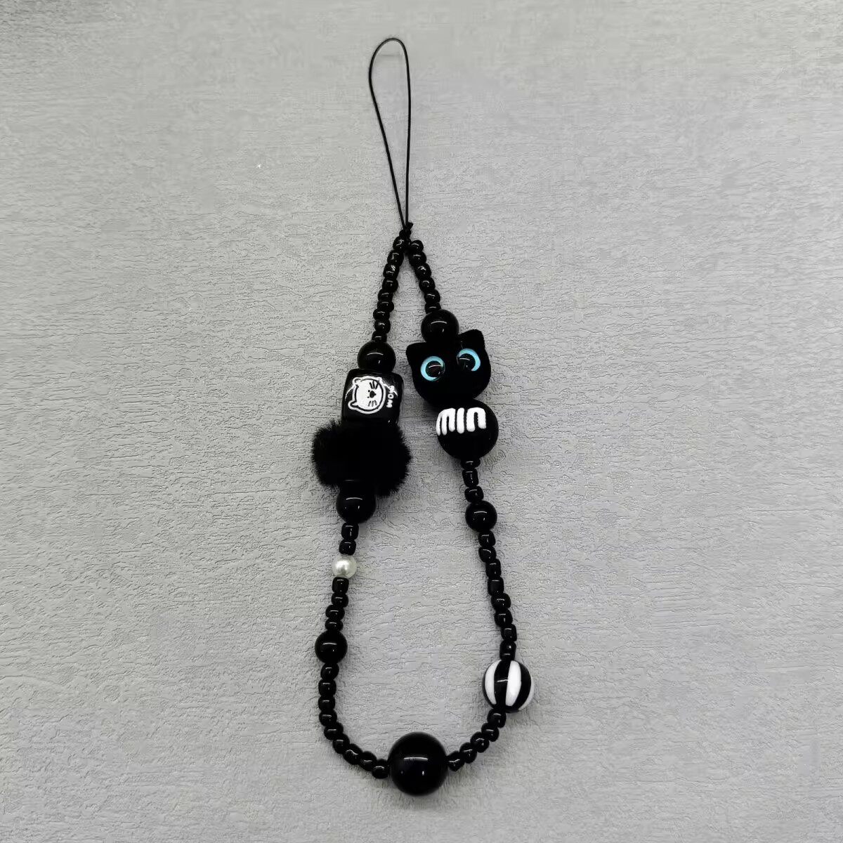 Monster Cat Black Lanyard Short CCD Wrist Camera Chain Beaded Phone Chain Universal