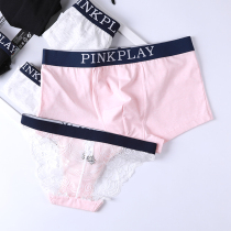 Couple underwear cotton sexy lace underwear womens low waist thin transparent triangle U convex mens flat corner wide side