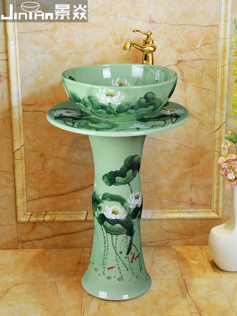 Jing Yan Chinese art column basin Ceramic one-piece column washbasin Floor-standing basin Vertical washbasin column basin