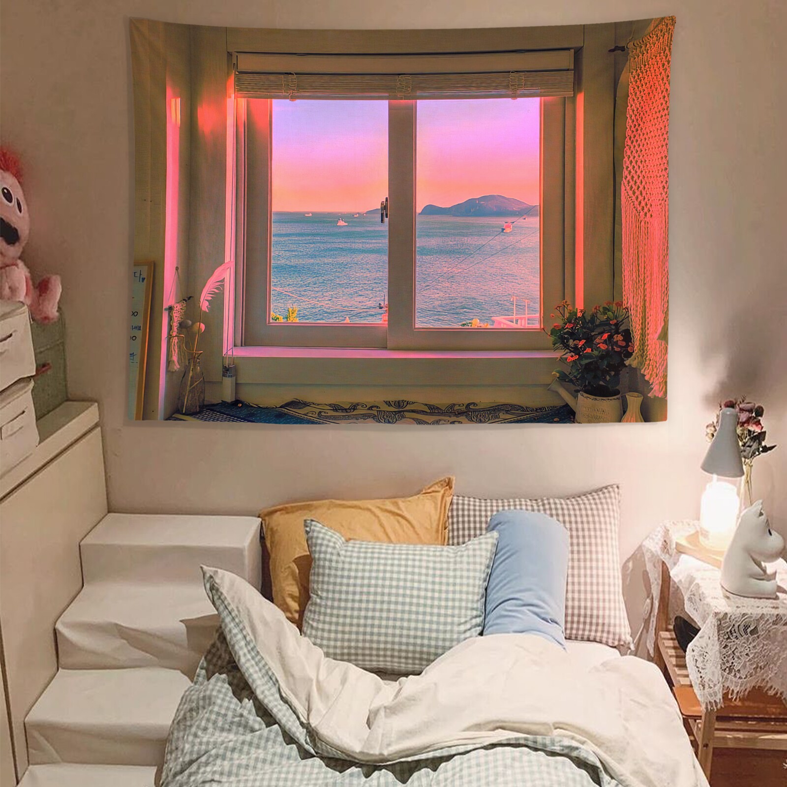 Seascape sunset background cloth ins wind window scenery fresh art canvas rental house renovation dormitory bedside wall cloth tapestry