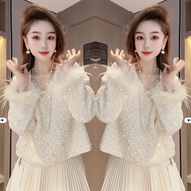 Korean Style Elegant Sequin Fur Sleeve Lace Blouse for Women, Light Luxury Fashion, Sequin Shimmering Top, Trendy and Stylish