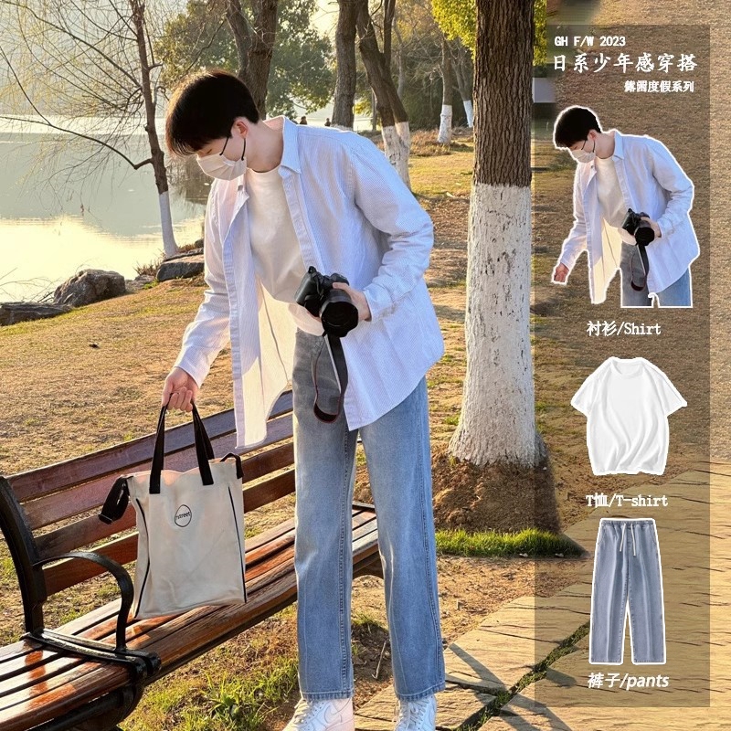 Hong Kong Style Striped Shirt Set for Men, Long-Sleeved, Spring and Autumn, Youthful Casual Shirt, Trendy Brand Men's Clothing, Three-Piece Set Hong Kong Style Striped Shirt Set for Men, Long-Sleeved, Spring and Autumn, Youthful Casual Shirt, Trendy Brand Men's Clothing, Three-Piece Set