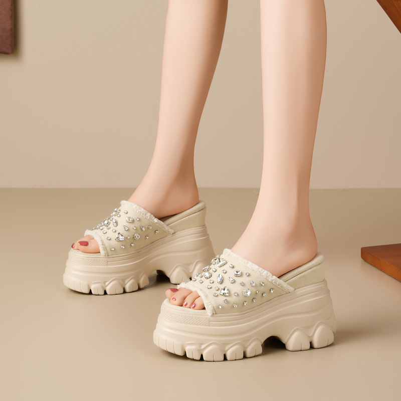 12cm Height-Increasing Sandals for Women, Suitable for Petite Individuals, with Wedge Heels, Thick Platform, High Heels, Slip-On Style, Denim Canvas, Casual Wear