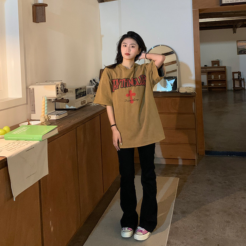 Where is the orange tree? Cross printed short sleeves t shirts in summer loose retro - ancient old knitted round collar coat