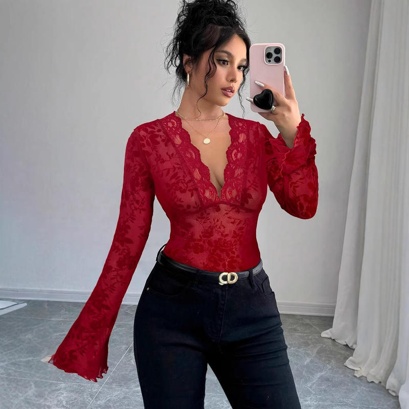 European and American Amazon 2025 Autumn and Winter New Women's V-Neck Lace Patchwork Mesh Bell-Sleeve T-Shirt Top for Women European and American Amazon 2025 Autumn and Winter New Women's V-Neck Lace Patchwork Mesh Bell-Sleeve T-Shirt Top for Women
