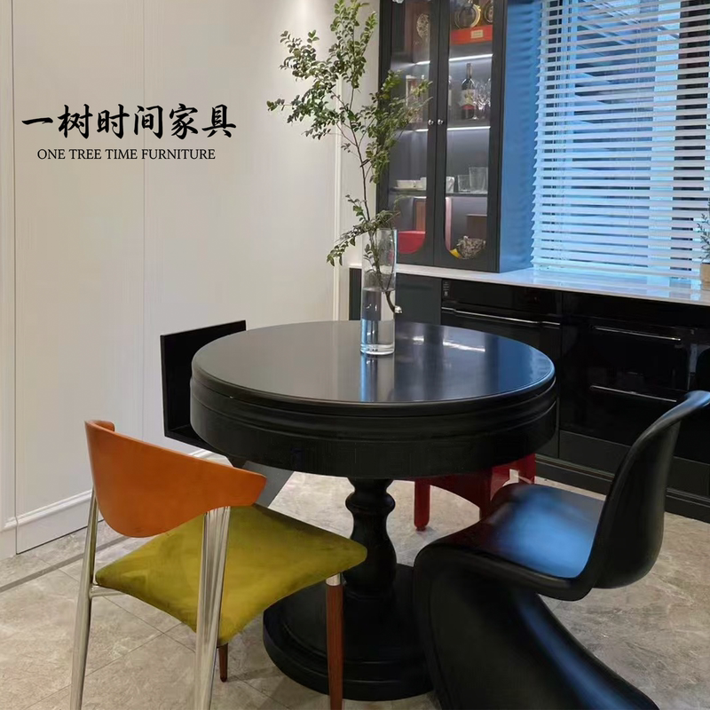 French Retro Mid-Century Style Transformable Dining Table, High-End Small Apartment Folding Round Table, Rotating and Extendable Round Dining Table
