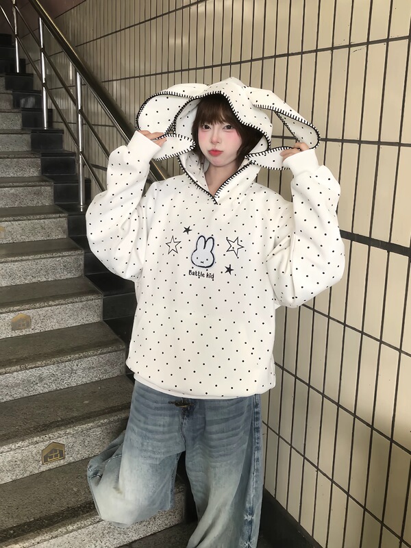 American Retro Polka Dot Rabbit Ear Embroidered Hooded Sweatshirt for Women, New Autumn and Winter Style, Loose Fit, Trendy Chinese Brand Couple's Top