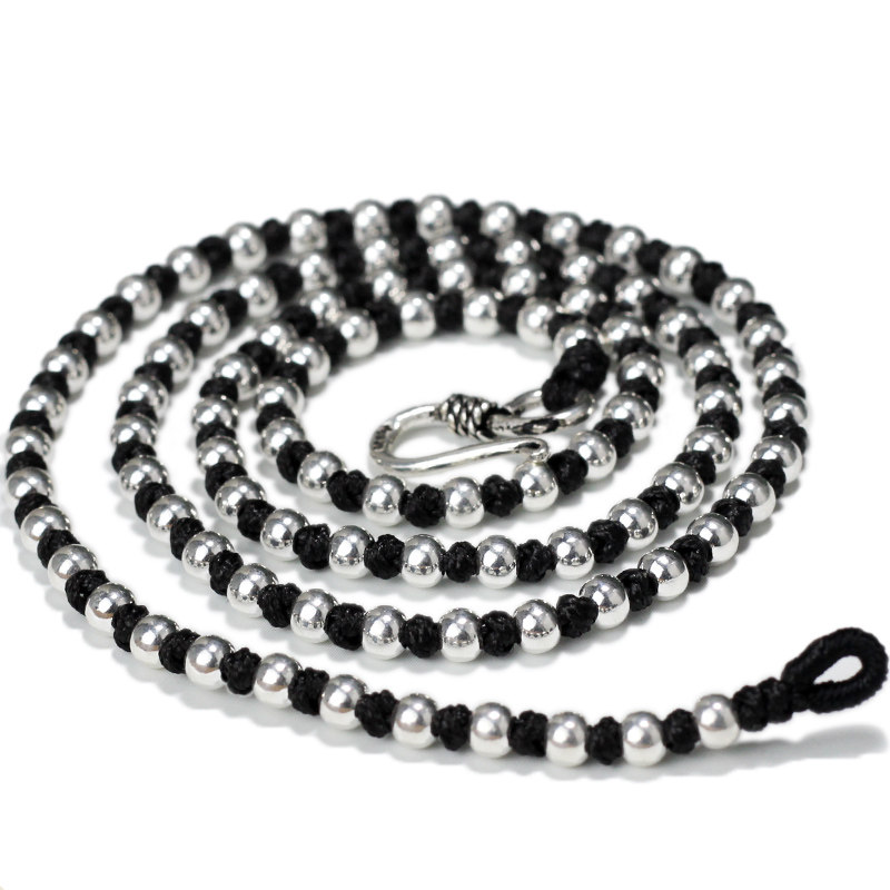 Bai Shi Yincheng hand-woven silver beads black wax rope necklace 925 silver beads clavicle silver necklace with chain vintage rope