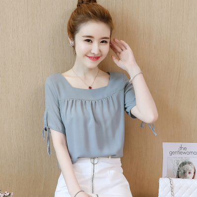 实拍纯色雪纺衫女夏2018新款潮短袖宽松百搭