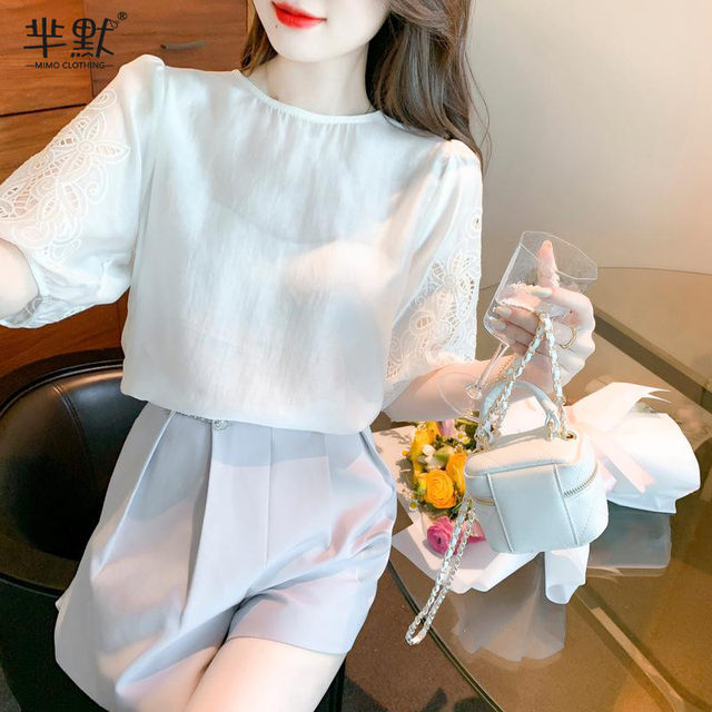 Lantern sleeve chiffon shirt 2023 summer new women's heavy embroidery temperament shirt foreign style splicing lace top