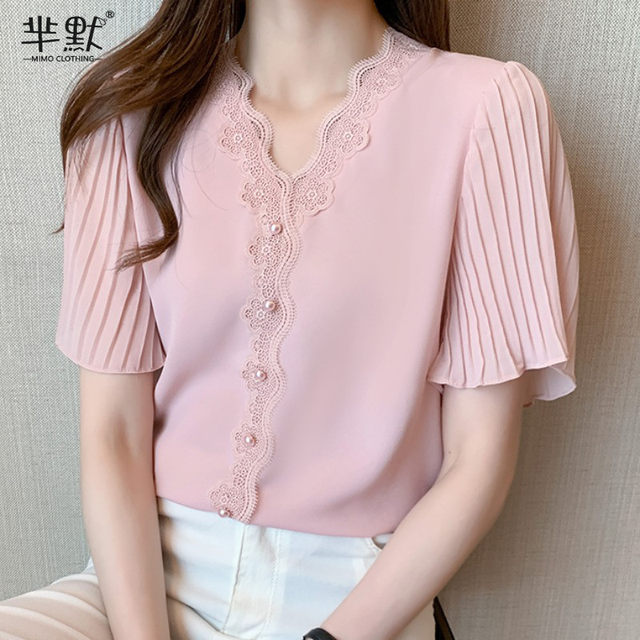 Summer chiffon shirt women's short-sleeved 2023 new fashion temperament lace V-neck white top foreign style small shirt