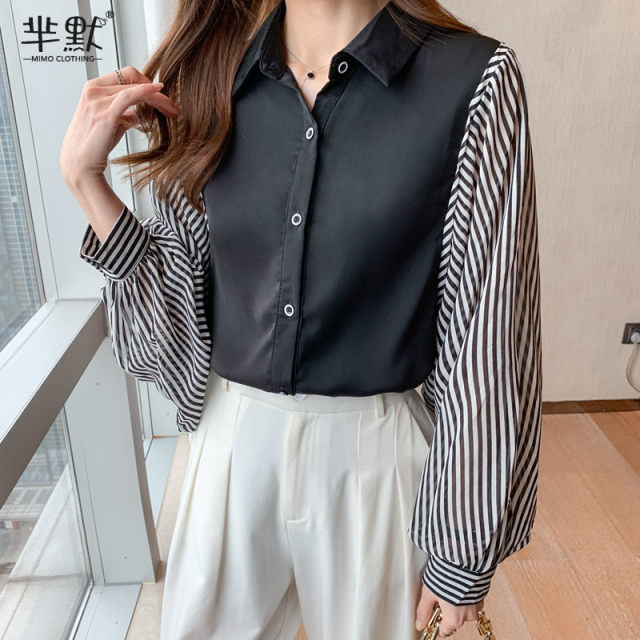 2023 Autumn Clothing Retro Hong Kong Style Design Sense Niche Loose Striped Shirt Women's Spring Chiffon Western Style Stitching Top