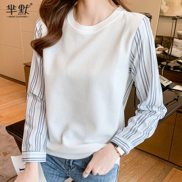 Autumn new sweater 2023 temperament round neck striped long-sleeved splicing fake two-piece shirt female cover belly clothes