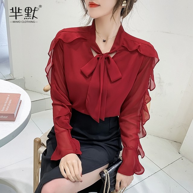 2022 spring chiffon shirt women's long-sleeved belly-covering foreign style small shirt temperament feminine fashion high-end lace top
