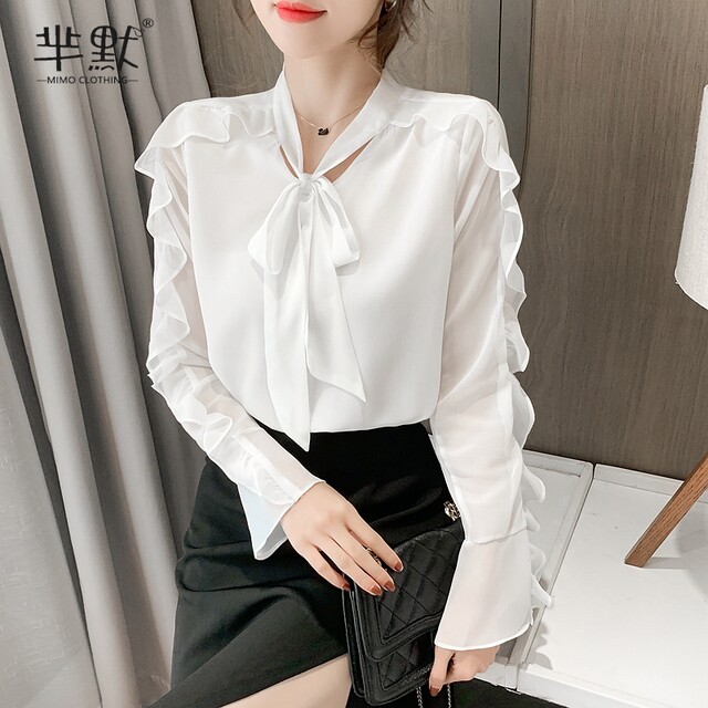 2022 spring chiffon shirt women's long-sleeved belly-covering foreign style small shirt temperament feminine fashion high-end lace top