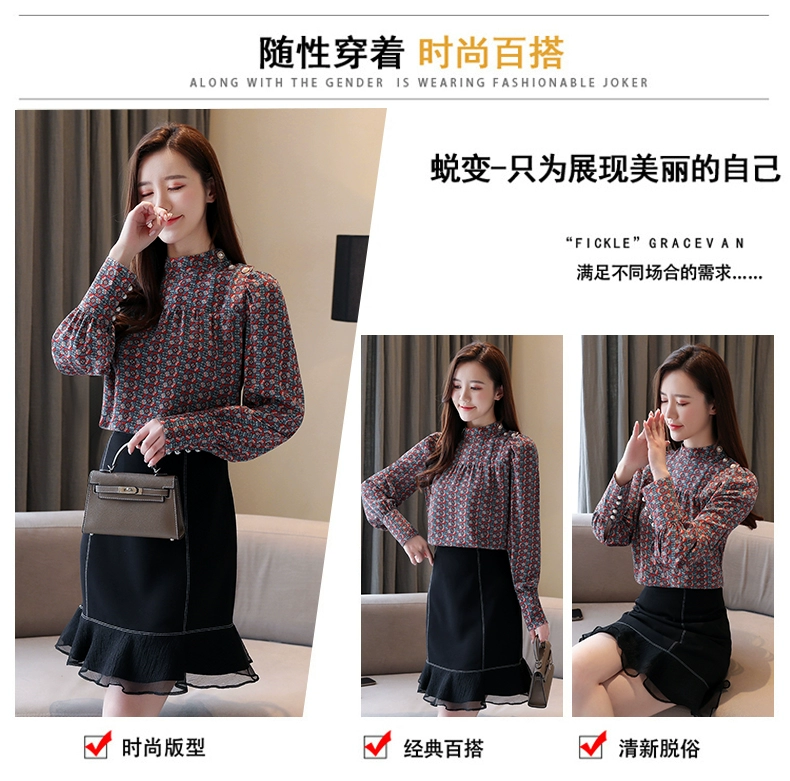 Mùa xuân 2020 voan nữ đứng đầu phiên bản Hàn Quốc mới của retro retro hoang dã mỏng slim áo dài tay in đáy - Áo sơ mi chiffon ren