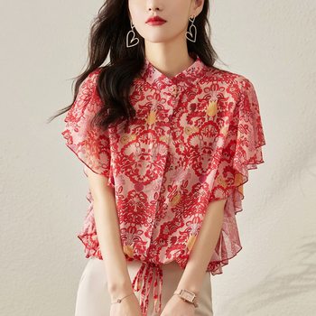 French ruffled chiffon shirt for women with stand collar summer red fashionable design chic floral top