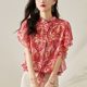 French ruffled chiffon shirt for women with stand collar summer red fashionable design chic floral top