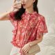 French ruffled chiffon shirt for women with stand collar summer red fashionable design chic floral top