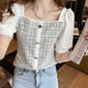 French style puff sleeves square collar open clavicle top women's summer design sense niche temperament splicing plaid short shirt