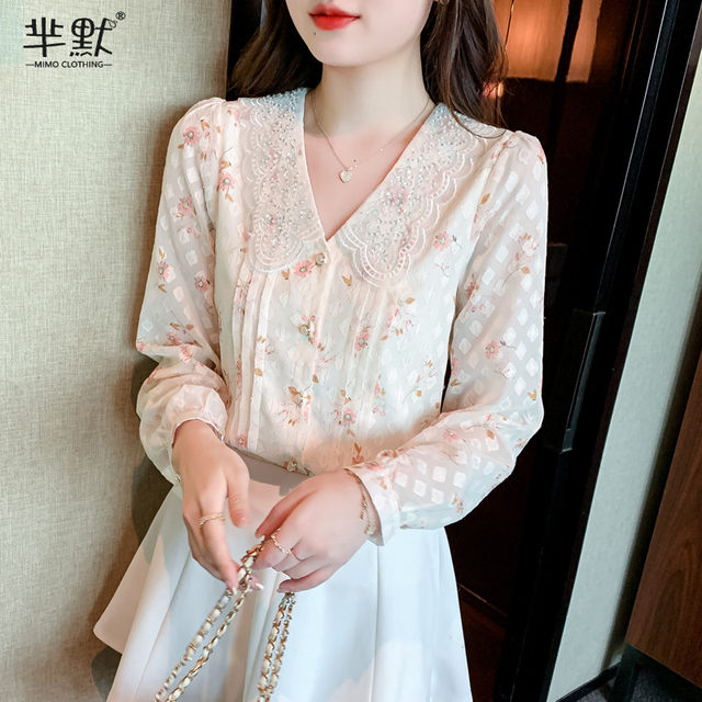 Floral shirt women's spring dress 2023 spring new long-sleeved sweet top beautiful foreign style super fairy chiffon shirt