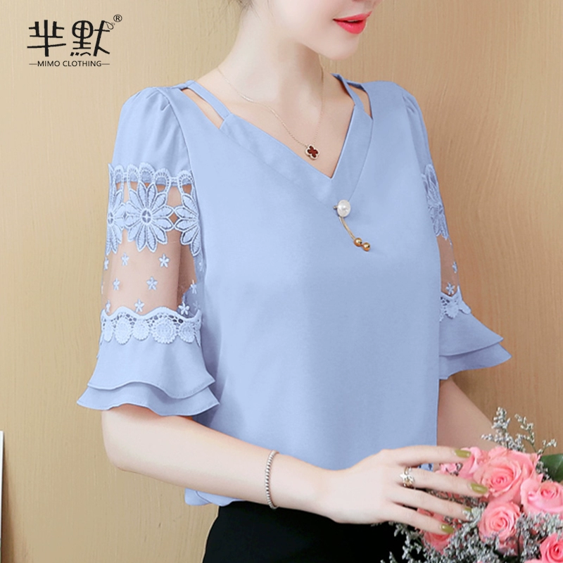 Voan đầu ngắn tay phụ nữ váy mùa hè 2021 mới hợp thời trang che bụng siêu cổ tích áo sơ mi ren thời trang với rất cổ tích - Áo sơ mi chiffon ren
