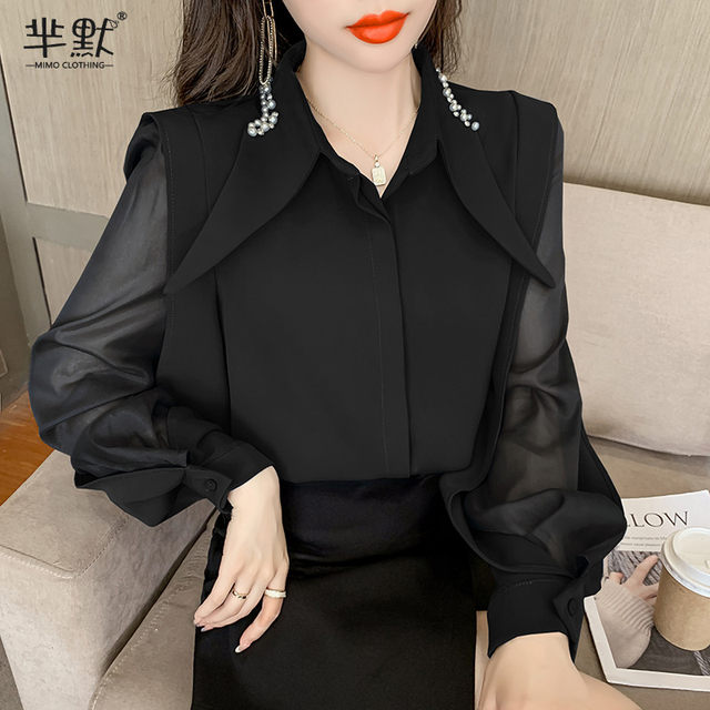 French polo collar long-sleeved chiffon shirt ladies design sense niche early autumn and winter loose thin chic top trend