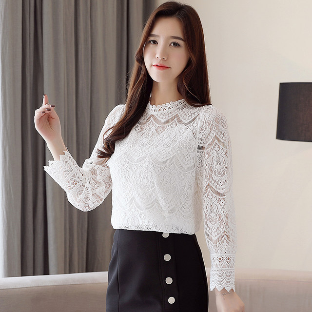 Plus velvet lace shirt long-sleeved women's 2022 new fashion chic Korean version autumn and winter mesh top foreign style slim shirt