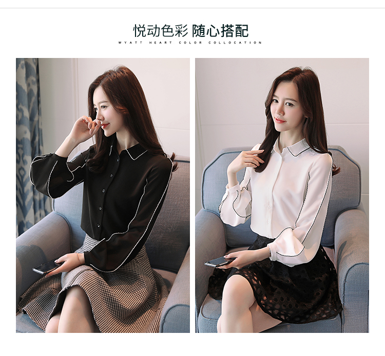 Mùa xuân mới 2018 của phụ nữ phiên bản Hàn Quốc của tay áo bong bóng hoang dã tay áo dài thả lỏng cổ tích áo sơ mi nữ mùa xuân áo voan kiểu tuổi trung niên